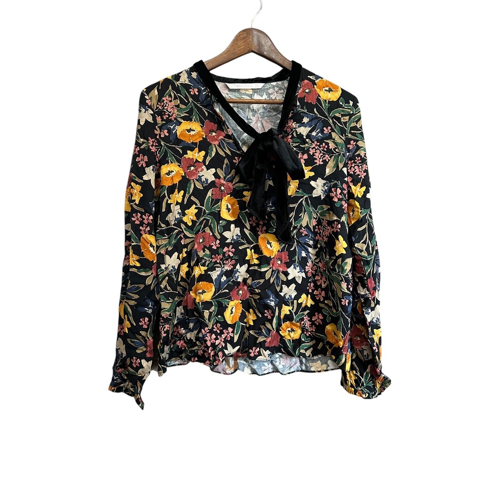 Zara Floral Blouse Long Sleeve Bow Tie Neck Black Multicolor Top -‎ Medium